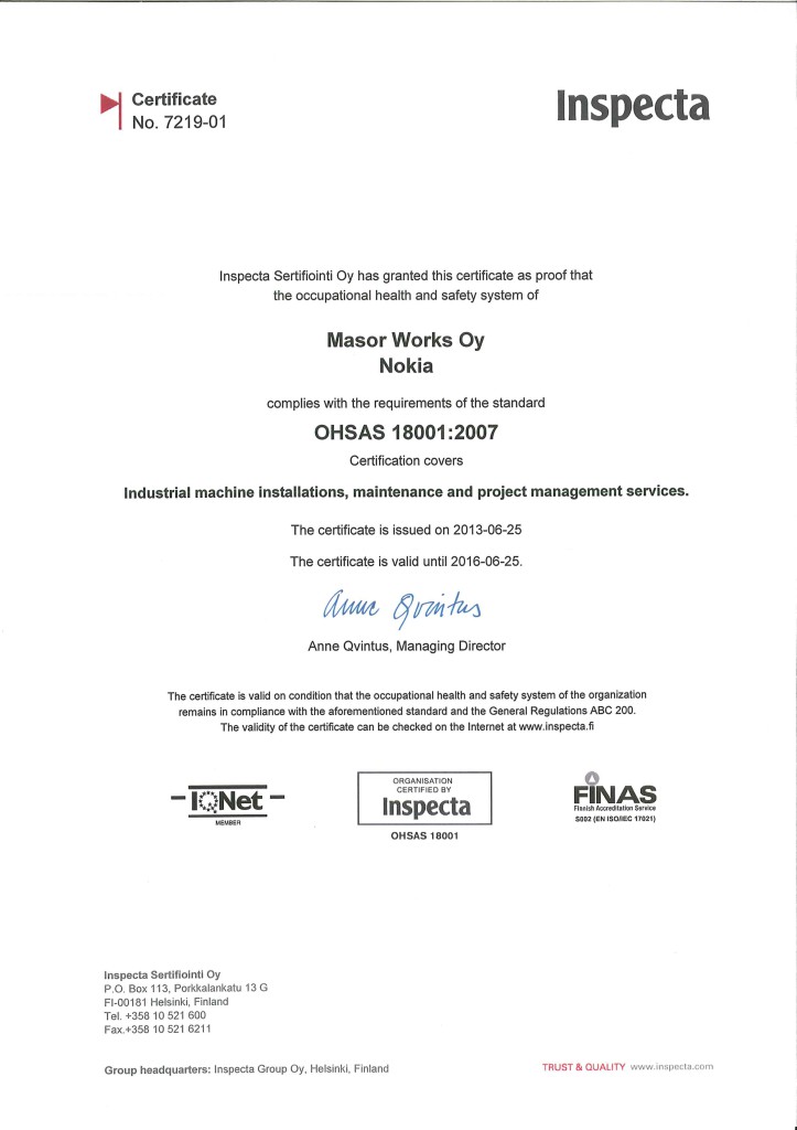 OHSAS 18001 Certificate no 7219-01